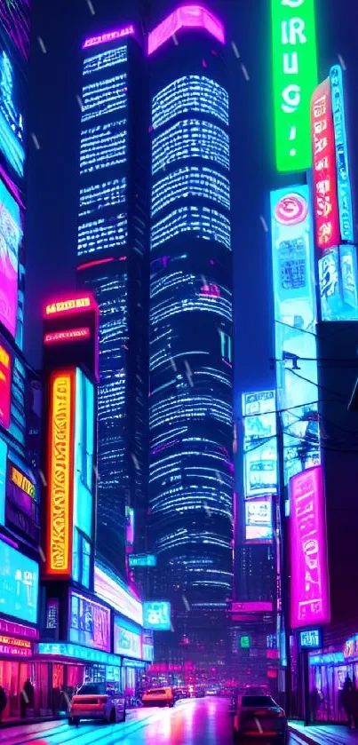 Neon-lit cityscape with skyscrapers and vibrant lights.