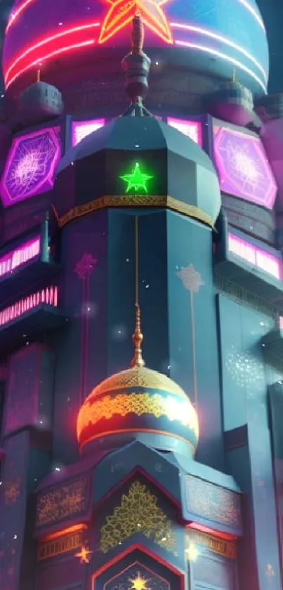 Vibrant neon cityscape with glowing domes and futuristic elements.