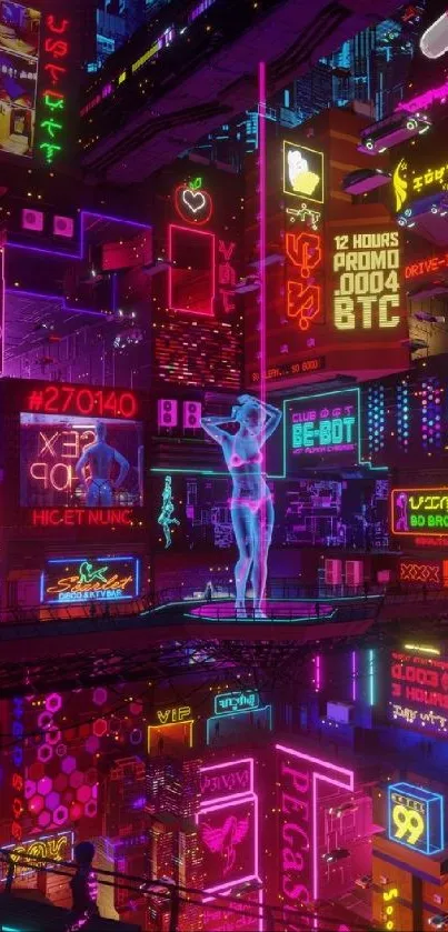 Vibrant neon cityscape with futuristic signs and colorful lights.
