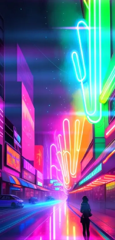 A vibrant neon-lit urban street at night.