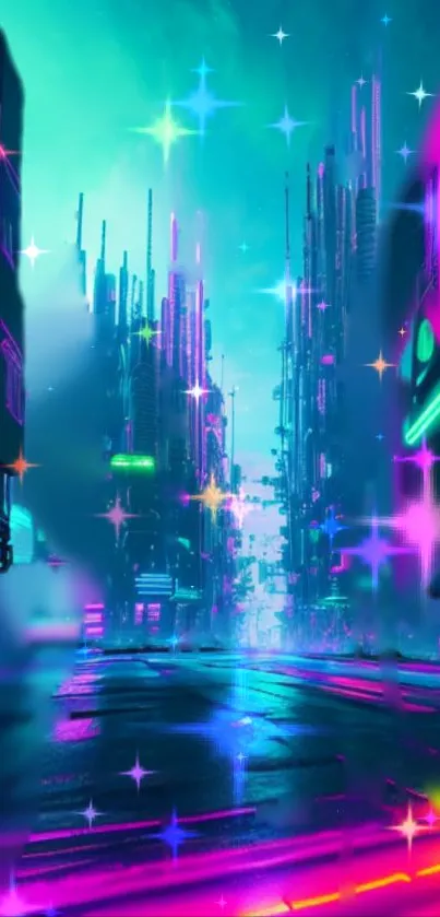 Vibrant neon cityscape with futuristic skyscrapers and colorful glowing lights.