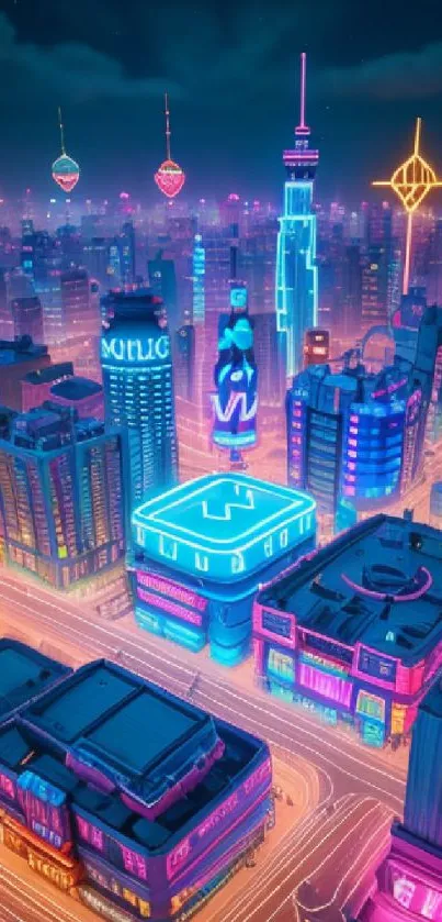 Neon cityscape with vibrant colors and futuristic skyscrapers at night.