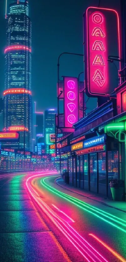 Vibrant neon cityscape with glowing signs and colorful light trails at night.