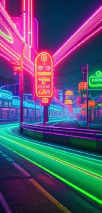 Futuristic neon cityscape with glowing vibrant colors and dynamic street view.