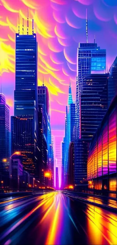 Vibrant neon-lit cityscape with futuristic architecture and colorful reflections.