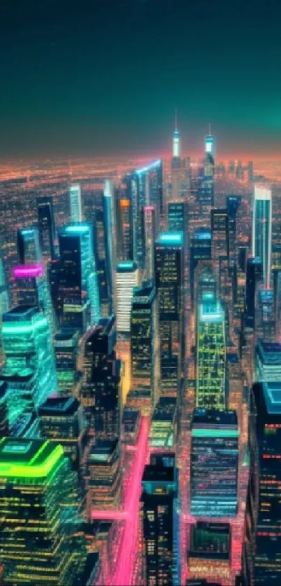 Vibrant neon cityscape with glowing skyscrapers at night.