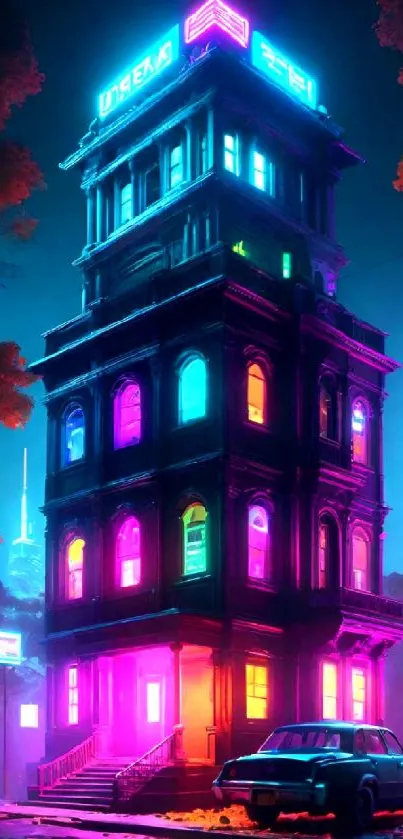 Neon-lit urban scene with a tall building at night.