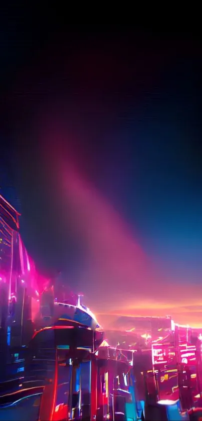 Futuristic neon cityscape with vibrant colors and glowing skyline.