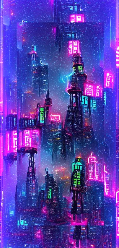 Futuristic neon cityscape with glowing skyscrapers.