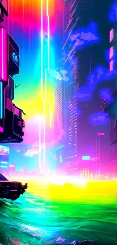 Futuristic neon cityscape with vibrant colors and glowing lights.