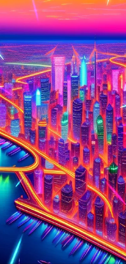 Vibrant neon cityscape with colorful skyline at night.