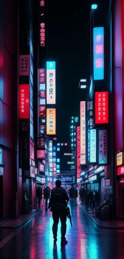 Silhouette in neon-lit city street with vibrant colorful signs.
