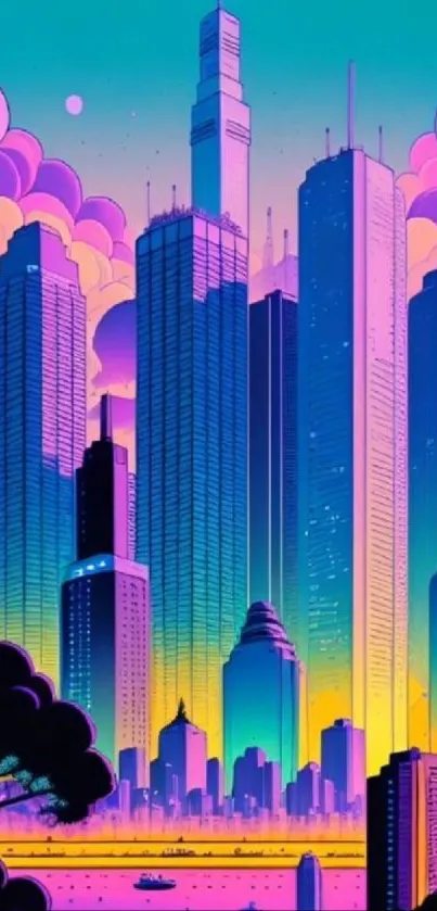 Vibrant neon cityscape wallpaper with towering skyscrapers.
