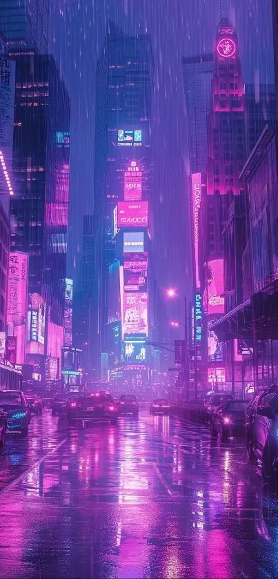 Vibrant neon cityscape with pink and purple lights reflecting on rainy streets.