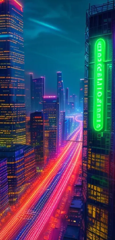 Futuristic cityscape wallpaper with neon lights.