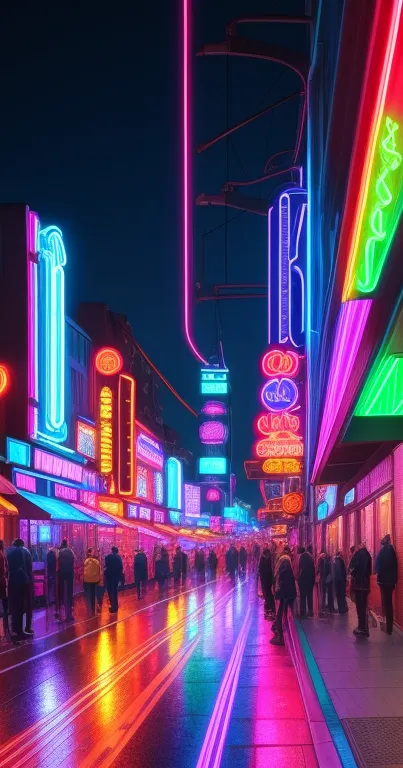 Vibrant neon cityscape with glowing street lights.