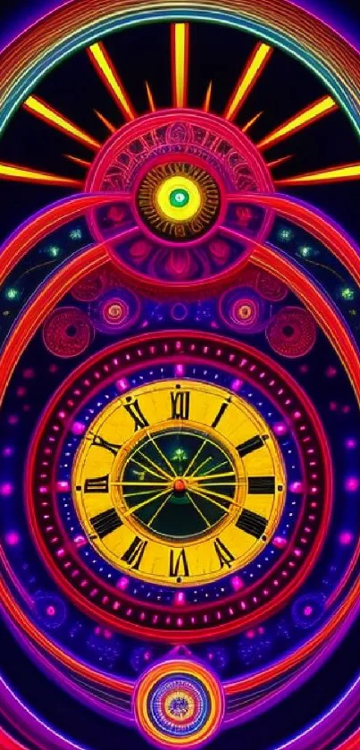 Vibrant neon clock design with intricate colorful patterns.