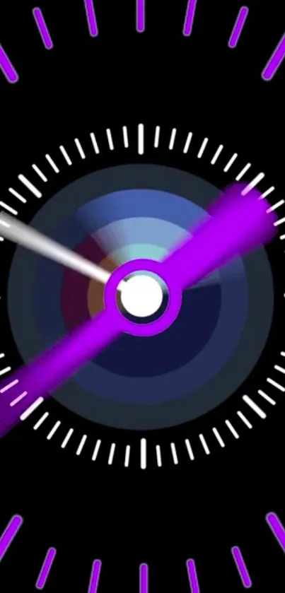 Vibrant neon clock wallpaper with purple and black colors.