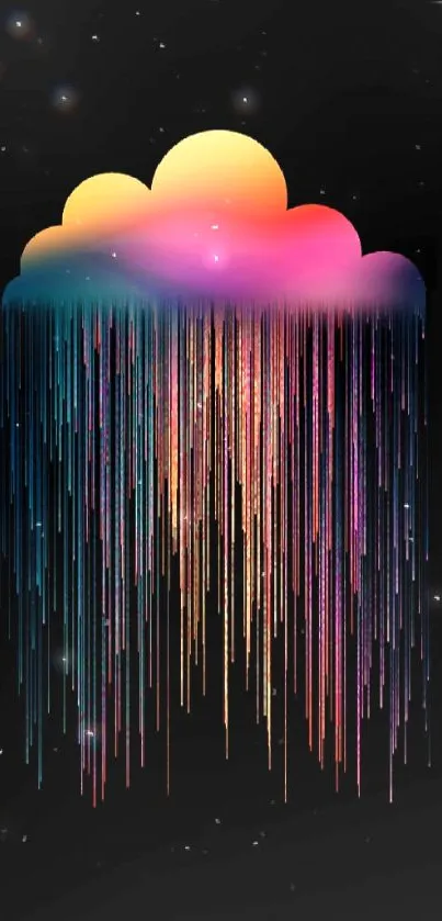 Vibrant neon cloud with gradient rain on black background.