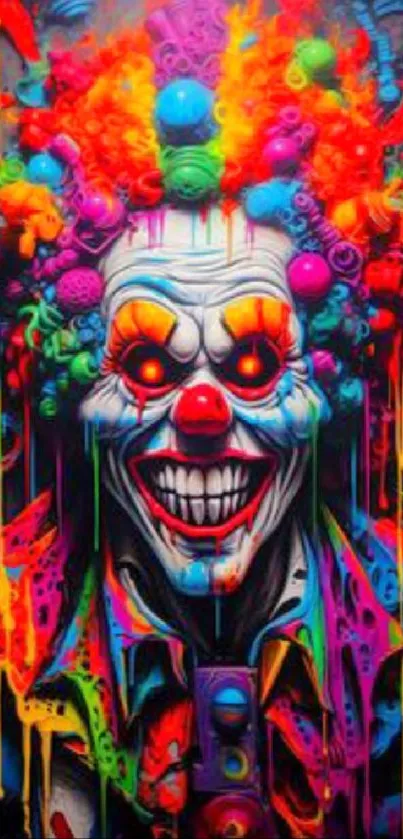 Vibrant clown with neon colors and surreal design.