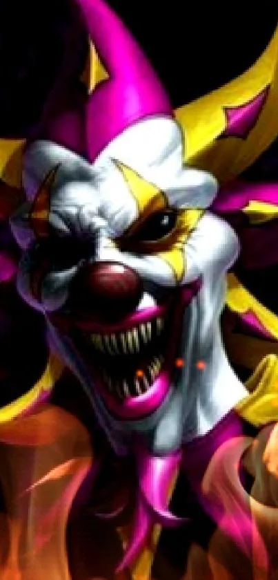 Vibrant neon clown with bold pink and yellow colors on a dark background.