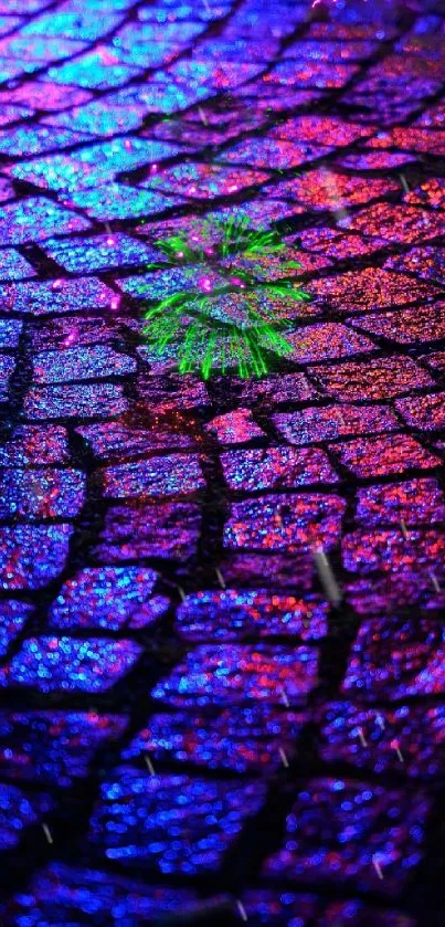 Colorful neon lights reflecting on cobblestone texture wallpaper.