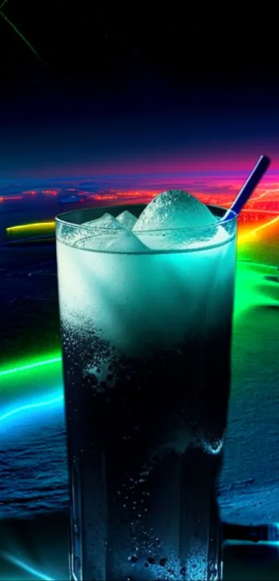 Neon cocktail wallpaper with vibrant colors and cool blue hues.