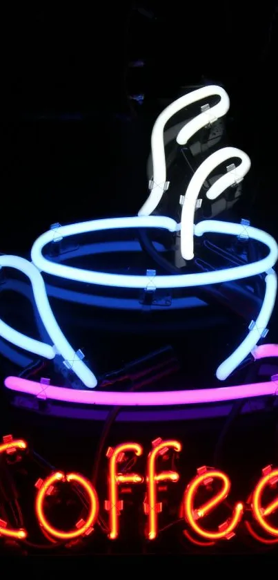 Neon sign displaying a coffee cup with vibrant colors on a dark background.