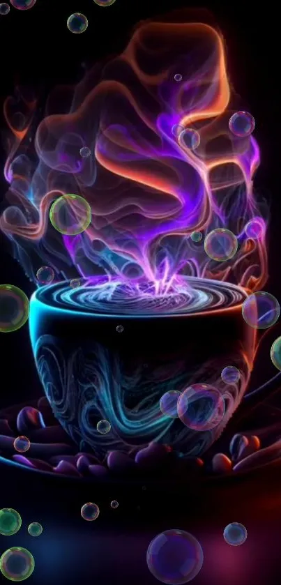 Vibrant neon coffee cup with swirling smoke and colorful bubbles.