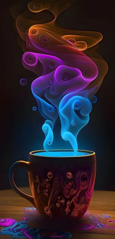 Vibrant neon blue coffee cup with colorful swirls and smoke.