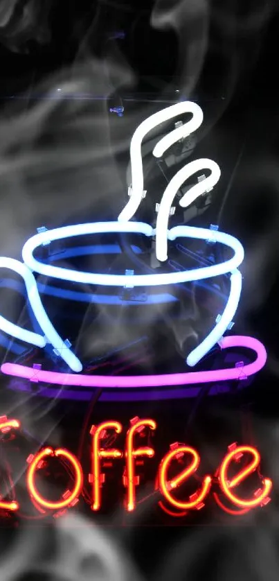 Neon coffee cup sign glowing brightly on a dark background.