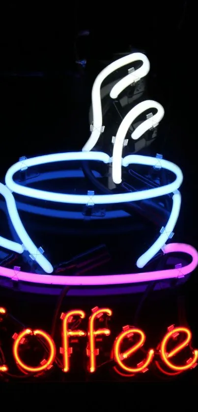 Vibrant neon artwork of a coffee cup with colorful lighting.