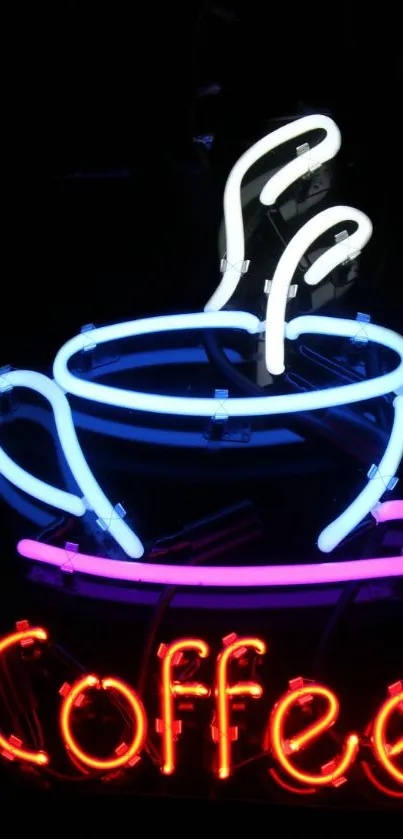 Neon coffee mug with steam on black background.