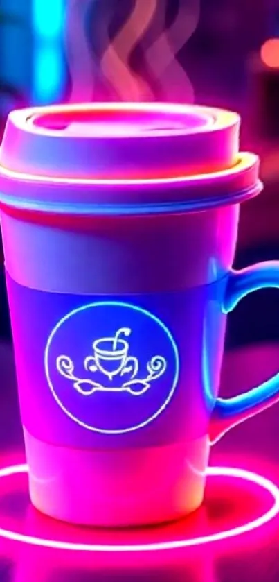 Vibrant neon coffee mug with glowing colors.