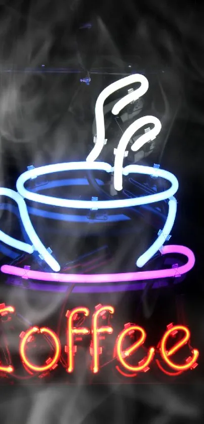 Neon coffee cup and text glowing brightly in rich blue, red, and white hues.