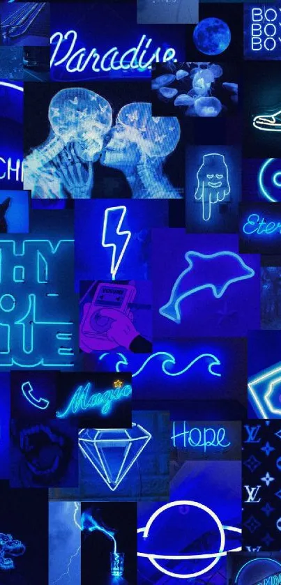 Neon blue collage wallpaper with vibrant designs.