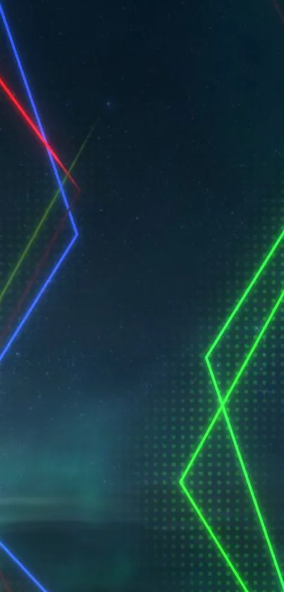 Neon shapes light up a dark starry sky with blue, green, and red lines.