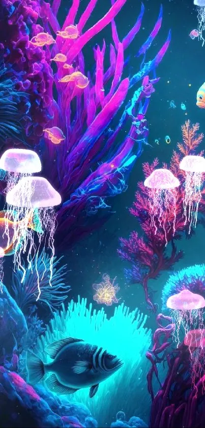 A vibrant neon coral reef featuring colorful fish and aquatic plants.