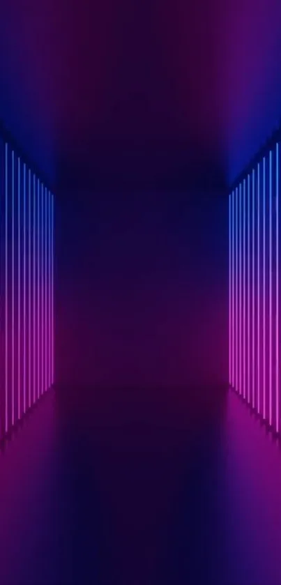 Neon corridor with vibrant pink and blue lights creating a futuristic look.