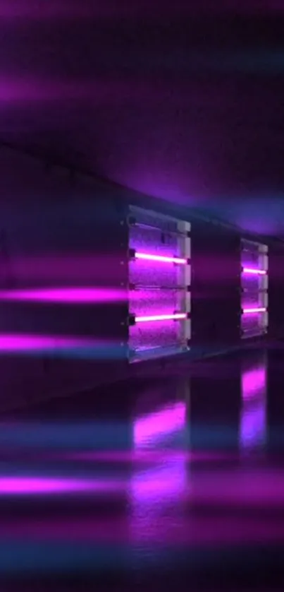 Vibrant purple neon lights in a futuristic corridor design.