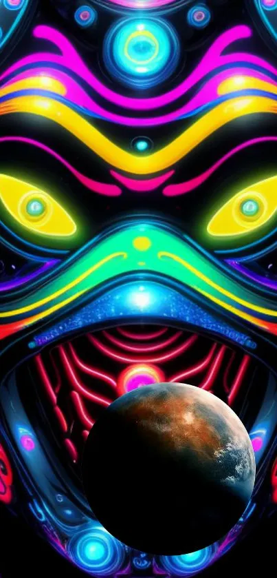 Vivid neon and cosmic themed wallpaper with glowing patterns and a planetary globe.