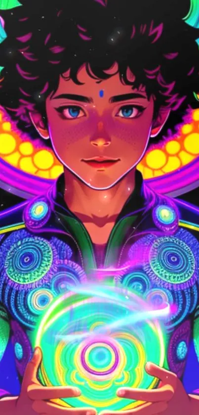 Vibrant neon cosmic art with concentric patterns and glowing hues.