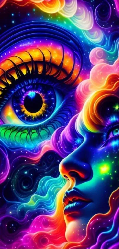 Vivid neon cosmic art wallpaper with eye design.