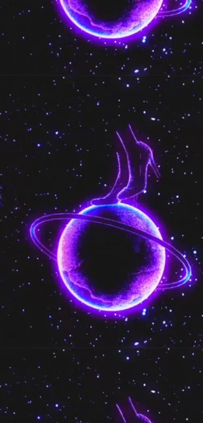 Neon purple planet in a starry sky wallpaper.