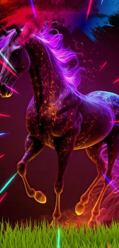 Neon cosmic horse with glowing effects and vibrant colors.