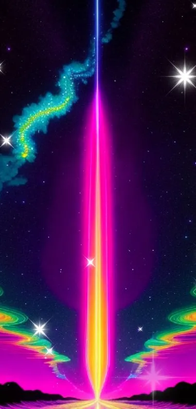 Vibrant neon cosmic wallpaper with radiant lights.