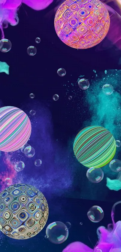 Vibrant neon wallpaper with abstract spheres and bubbles for mobile.