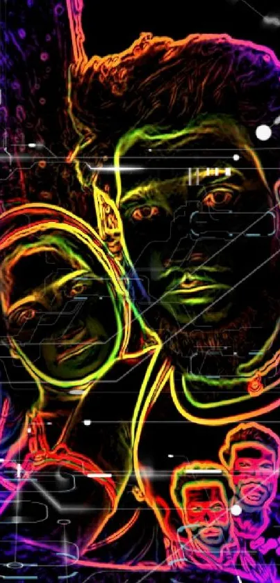 Neon outline of a duo on dark background.