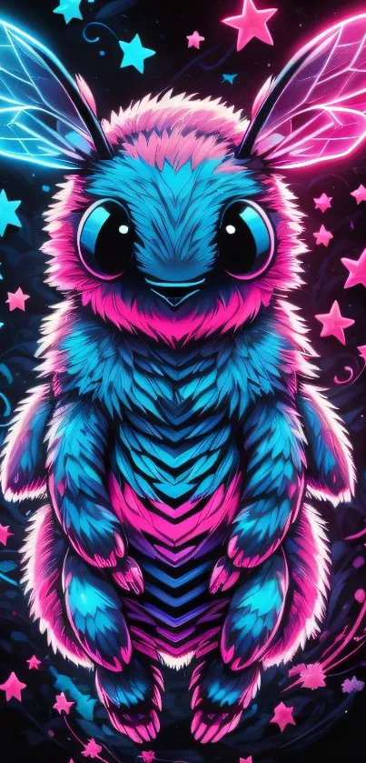 Neon blue and pink creature with stars, vibrant mobile wallpaper.