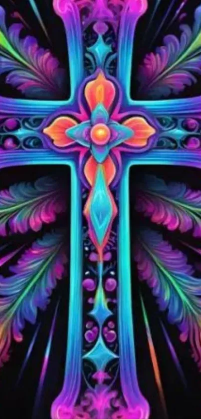 Colorful neon cross with vibrant symmetrical design.